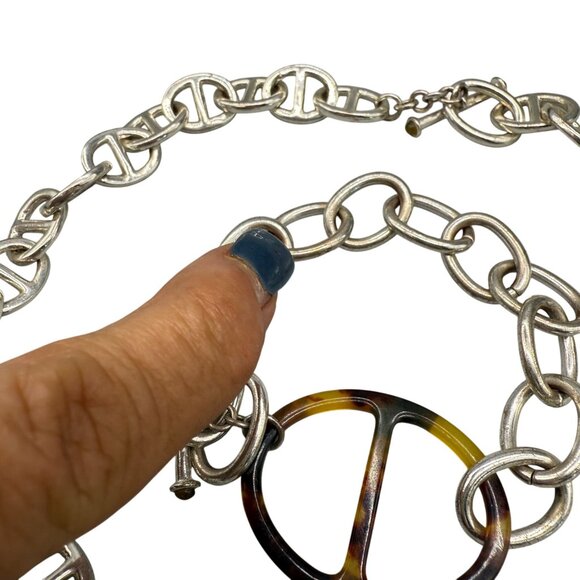 Chunky Chain Faux Tortoise Shell Link Necklace and Bracelet Set Silver Tone - Picture 3 of 4